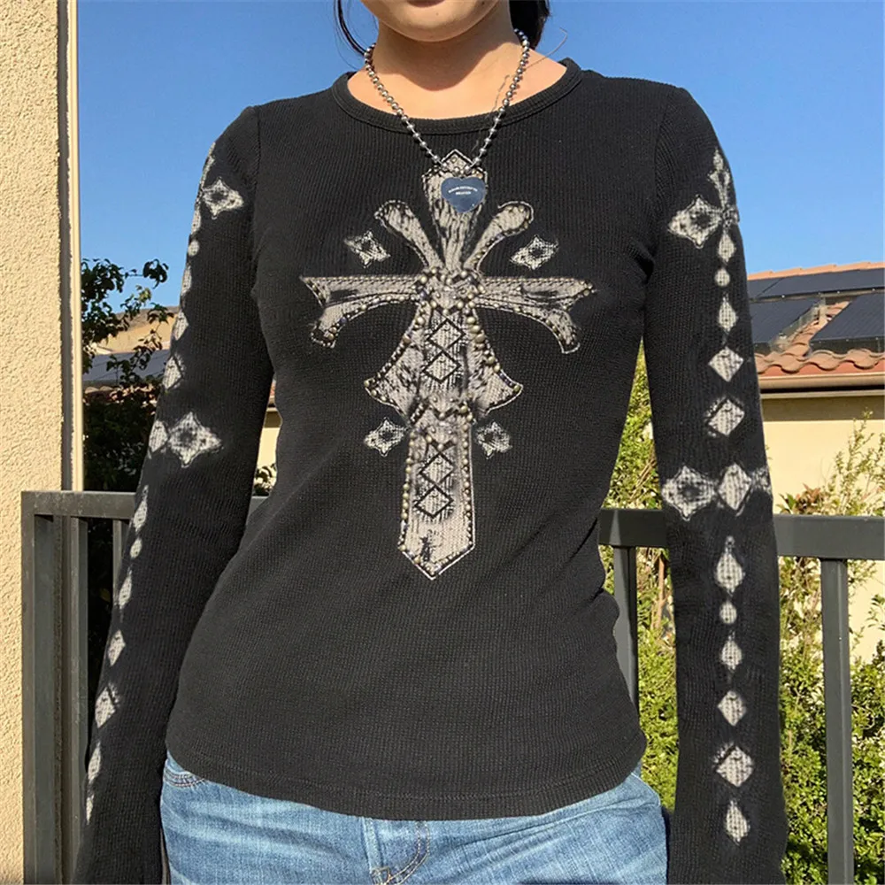 

Women's T-Shirt Gothic Retro Darkness Fashion Y2K Style Cross Print Long-sleeved Pullover Bottoming Loose T-shirt Top Spring New