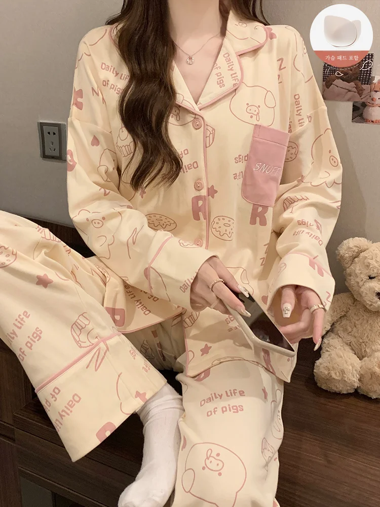 С нагрудной подушкой женские пижамы на весну и осень-зиму с длинным рукавом милые