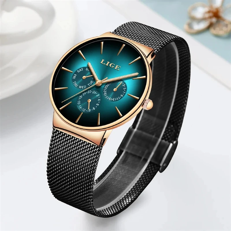 LIGE New Watch for Women Wrist Watches Fashion Stainless Steel Brand Watches Ladies Quartz Watch Date Week Clock Reloj Mujer+Box