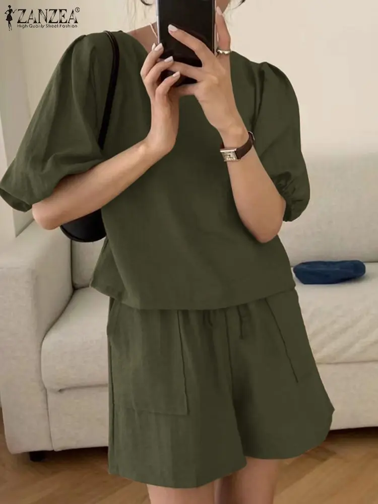 

ZANZEA Summer Casual Suit Puff Sleeve Blouse Shorts Pants Woman Fashion Solid Color Tracksuits Holiday Beach Loose Matching Sets