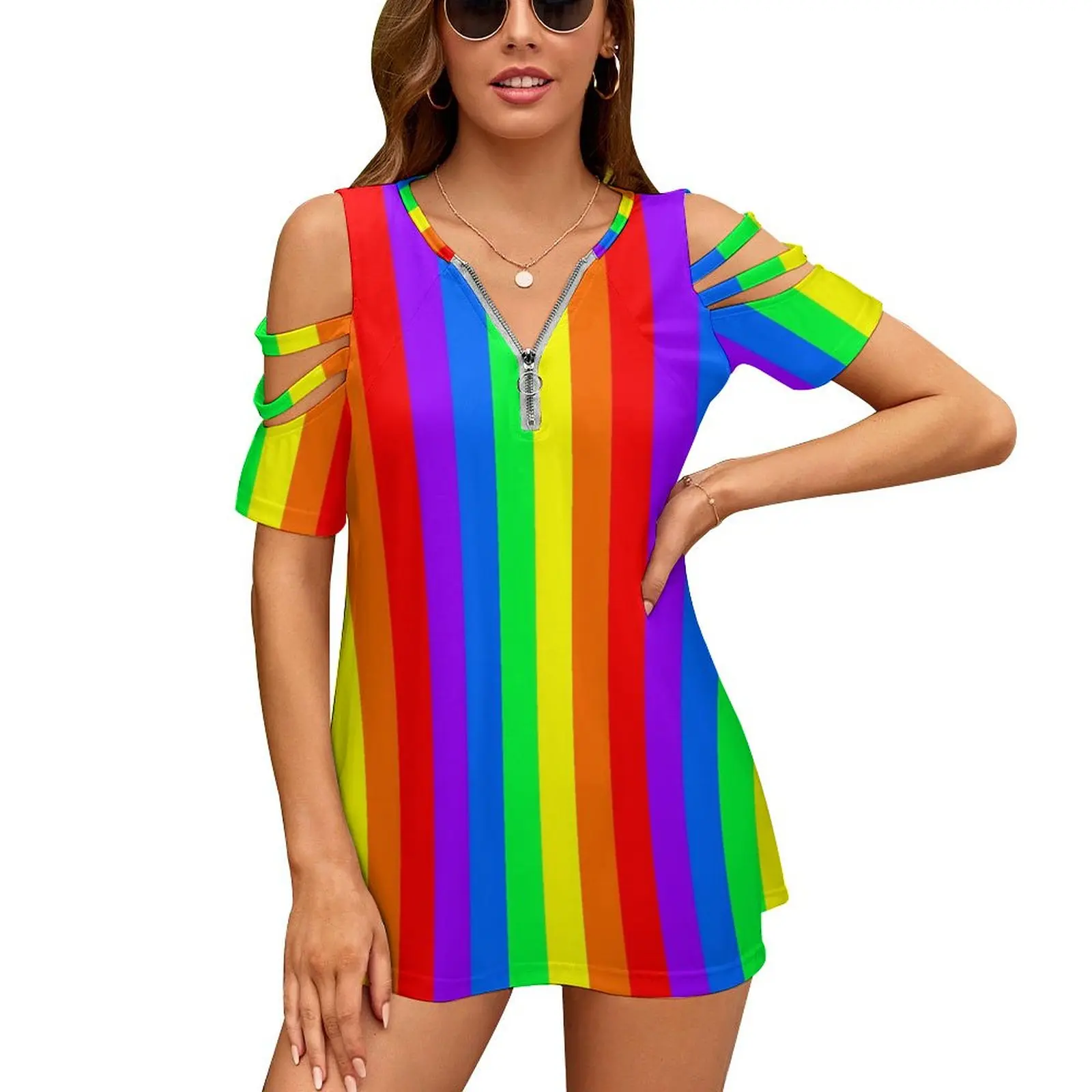 

Футболка женская оверсайз в радужную полоску, пикантная ажурная рубашка с вертикальными полосками, с V-образным вырезом и открытыми плечами