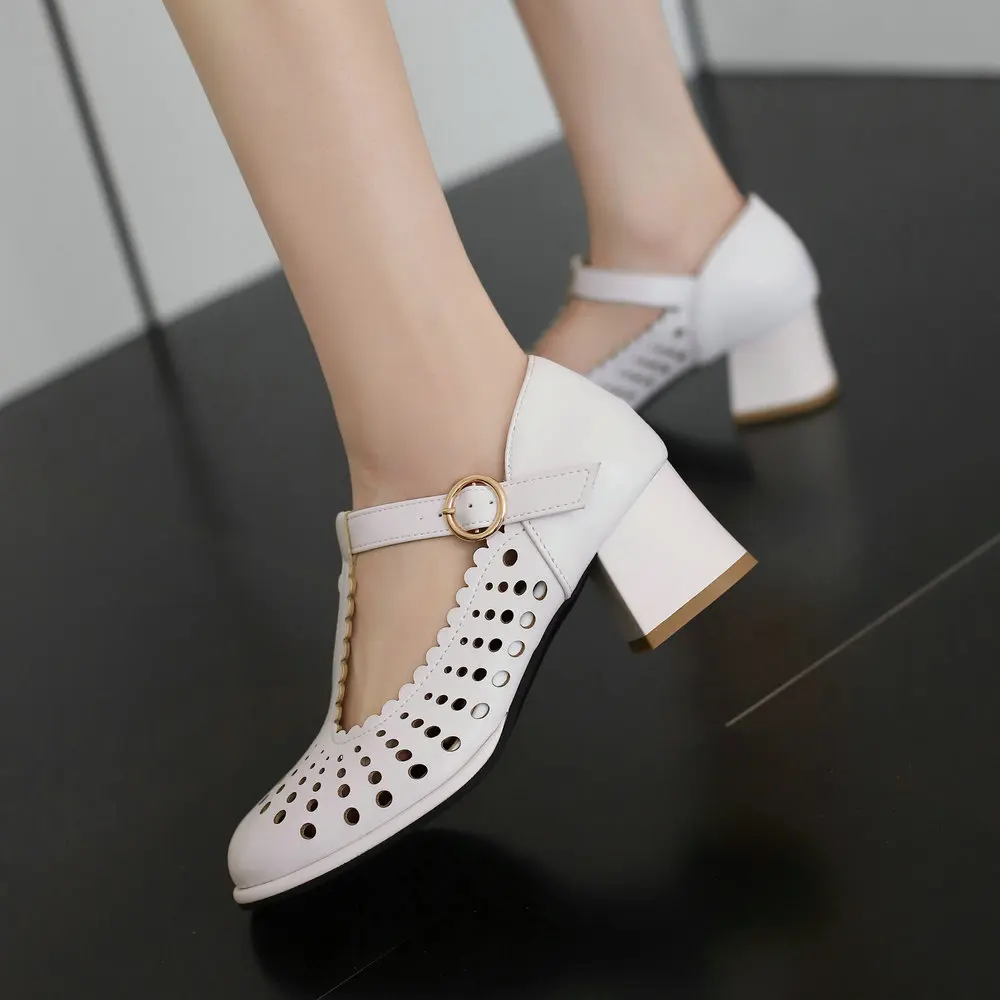 Summer Women's Chunky Heel T-Strap Shoes with Hollow Out Design Buckle Closure White Black Colors Pumps Plus Size Up to 48