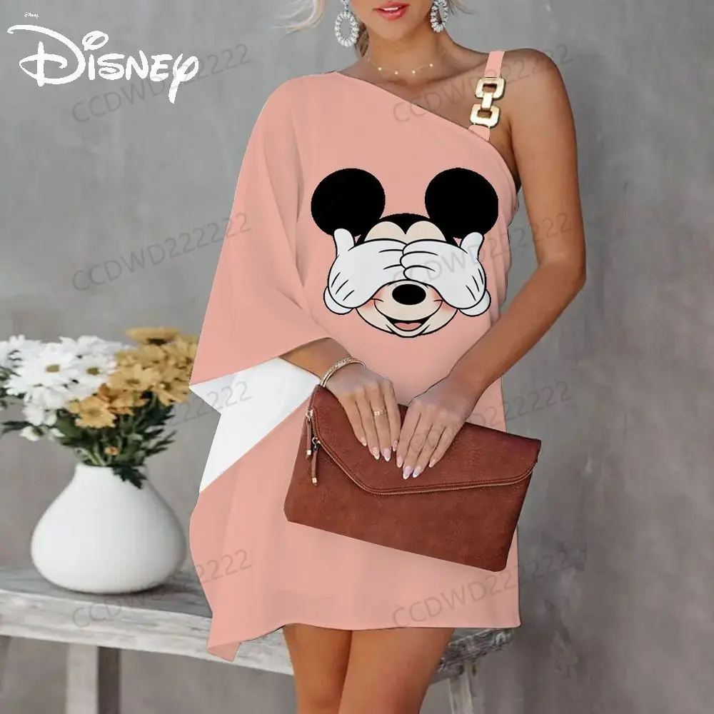 One-Shoulder Elegant Dresses for Women Mini Dress Mickey Diagonal Collar Disney Minnie Mouse Evening Party Luxury Prom 2023 Sexy