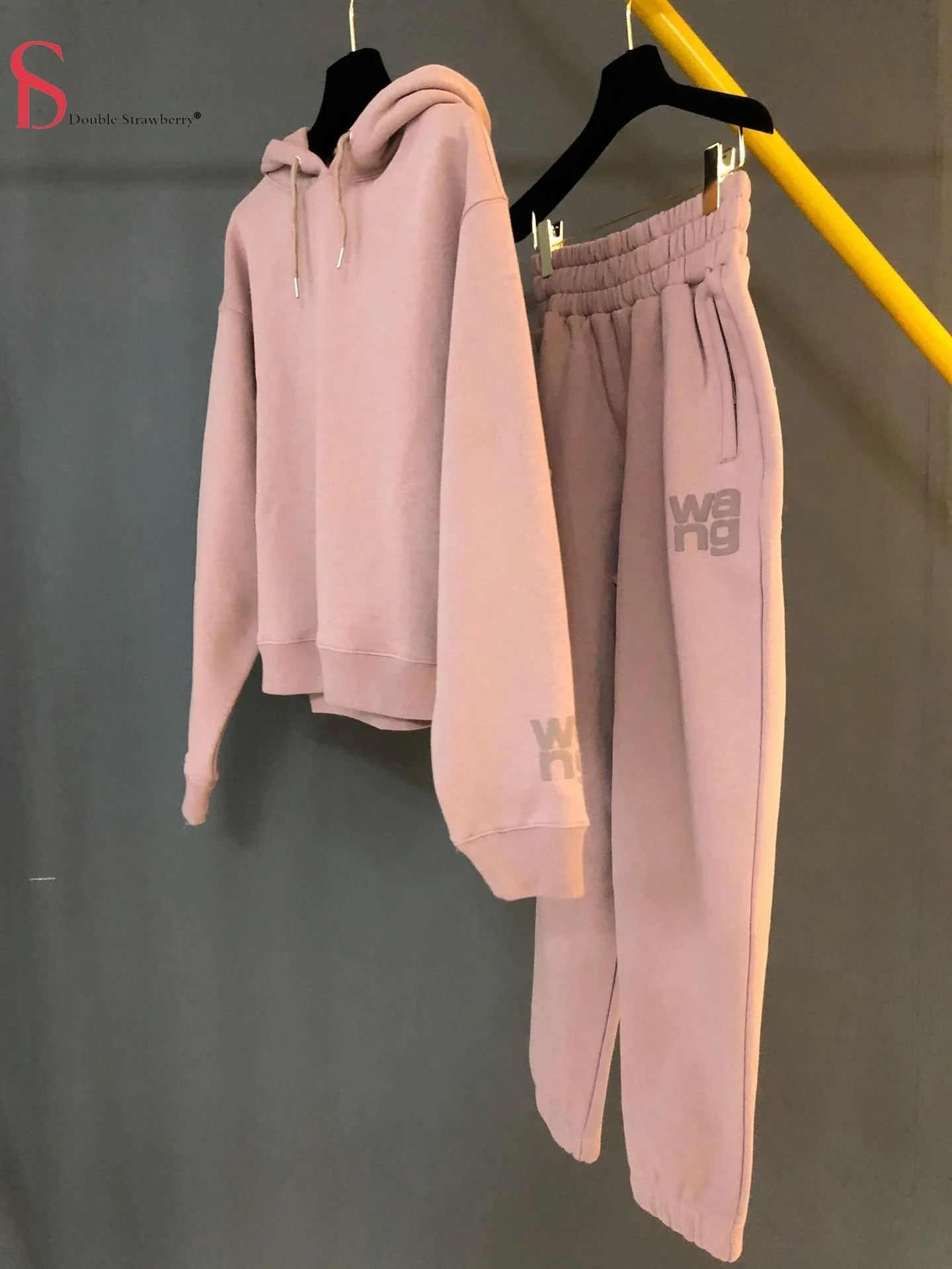 

Fleece Hooded Sweatshirt Top Aw Wang Women's Basic Alphabet Print Drawstring Hoodies Pink Plush Sweatshirts Pants Set