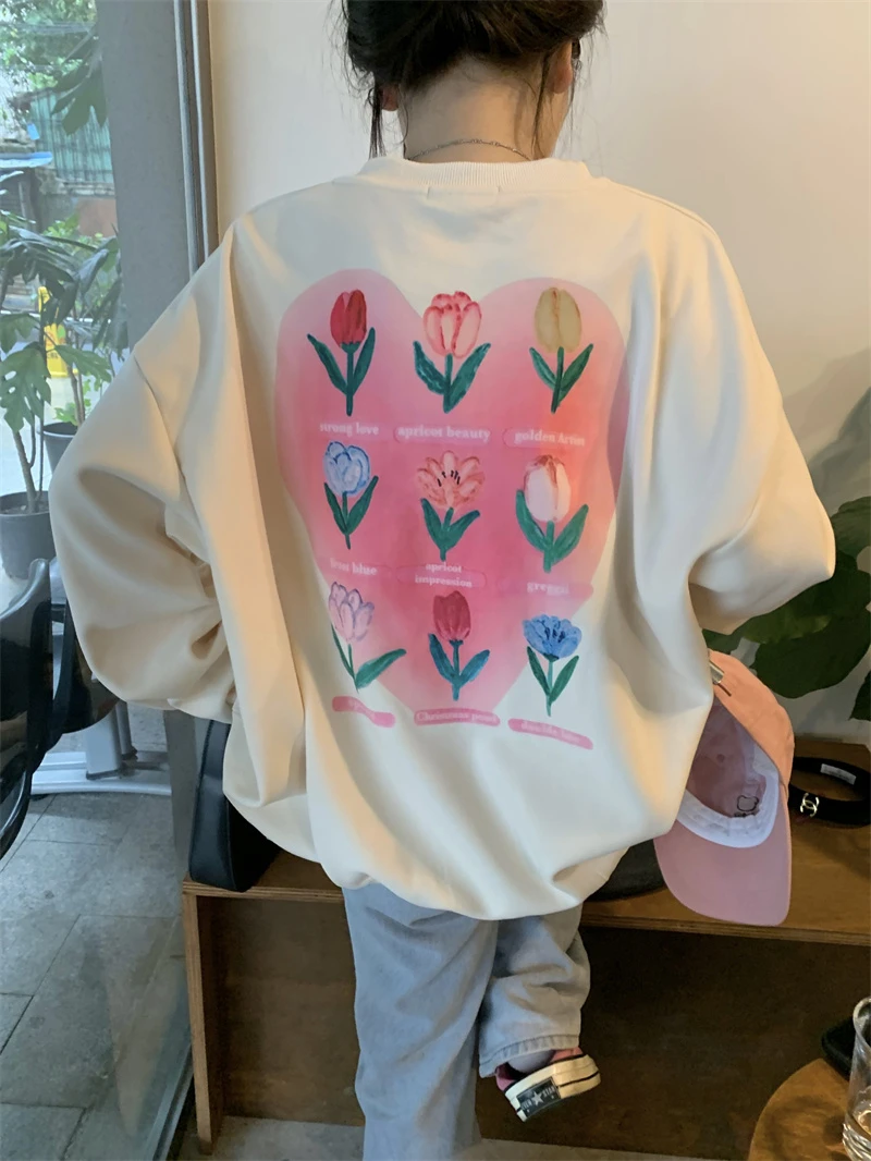 

Imitation 310g Cotton Interwoven Non-ball Winter Thickening Plus Fleece Hoodie Women's Round Neck printed wrap strip