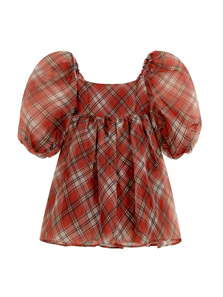 

Милое милое красное винтажное клетчатое платье в шахматную клетку, женское элегантное вечернее платье с буффами на рукавах, квадратный воротник, американский Ретро стиль