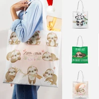 funny cute sloth tote bag women harajuku shopper handbag teens shoulder shopping bag fashion simple white and green canvas bag