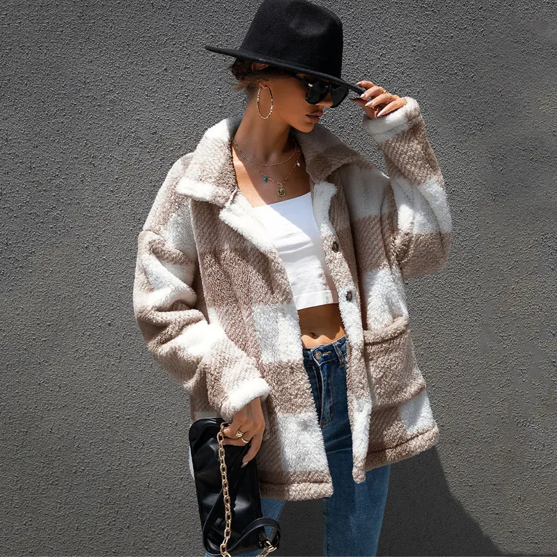 Осенне-зимнее клетчатое пальто из искусственного меха Женская плотная теплая