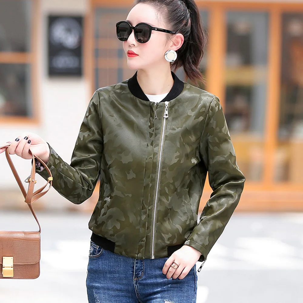 New Women Camouflage Leather Jacket Spring Autumn Casual Baseball Uniform Style Sheepskin Short Coat Loose Jacket Split Leather