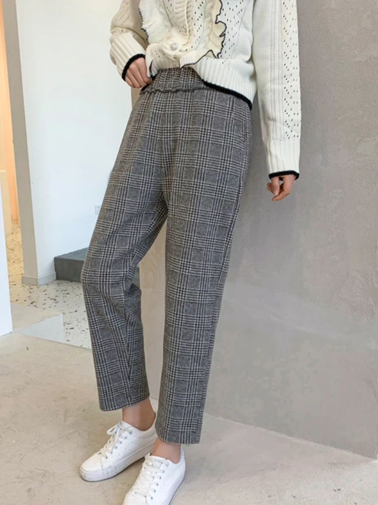 

Брюки женские твидовые с завышенной талией, утепленные клетчатые шаровары в стиле Харадзюку, модные повседневные мешковатые штаны с эластичным поясом, Осень-зима