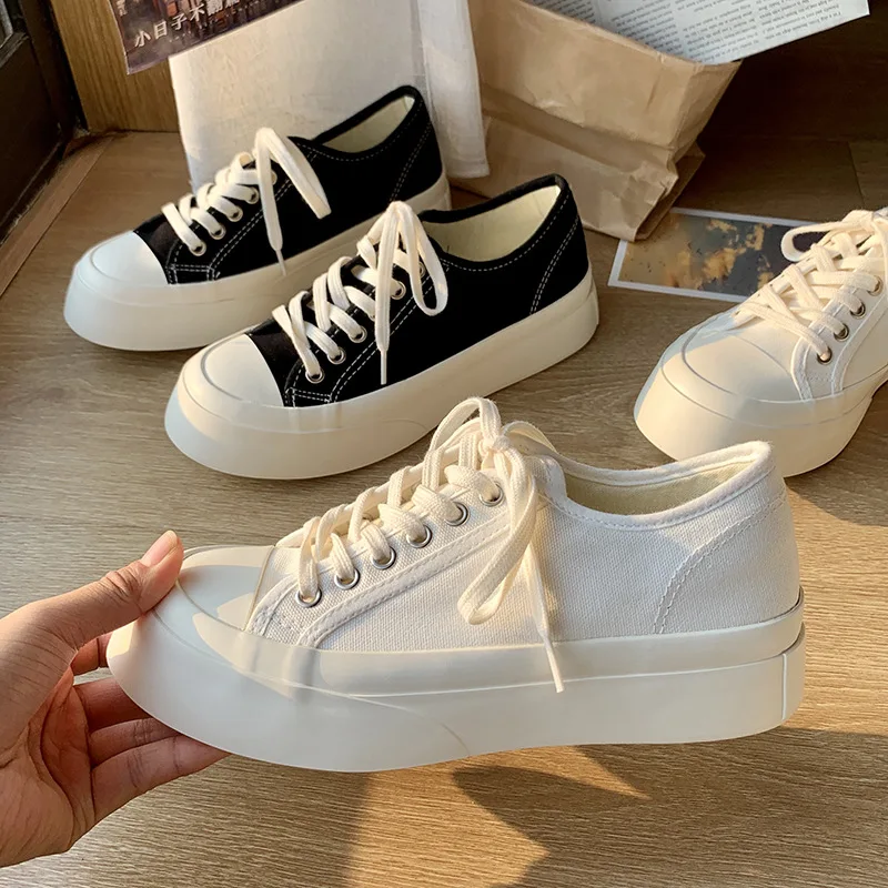 

Fashion Canvas Sneakers Shoes for Women Chunky Platform Vulcanized Shoes Female Footwear Casual Lace Up Flats Sports White Shoes