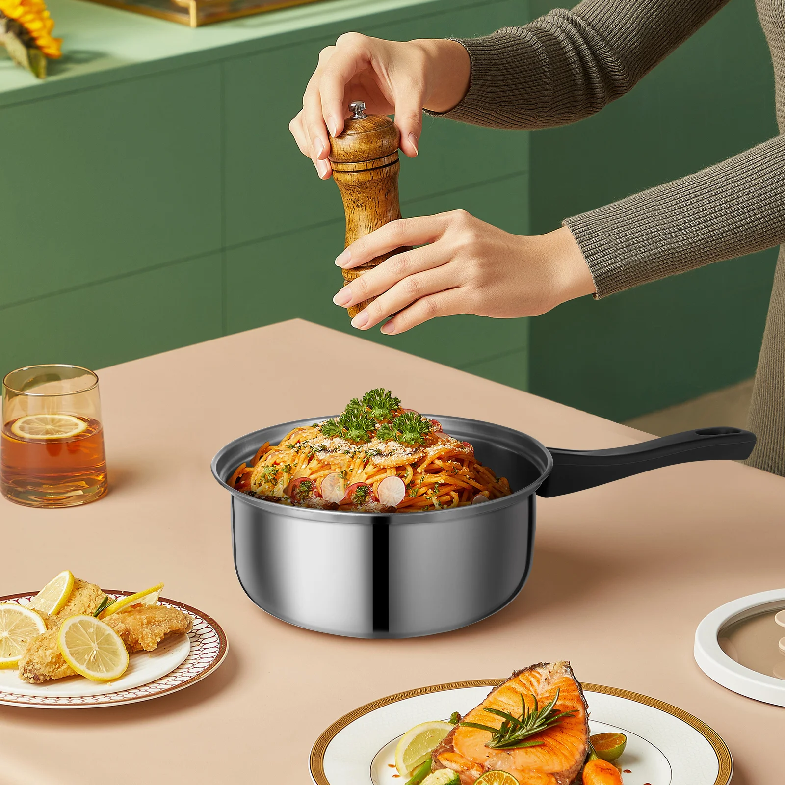 Набор кастрюль из нержавеющей стали 12 предметов сковорода с черной ручкой для