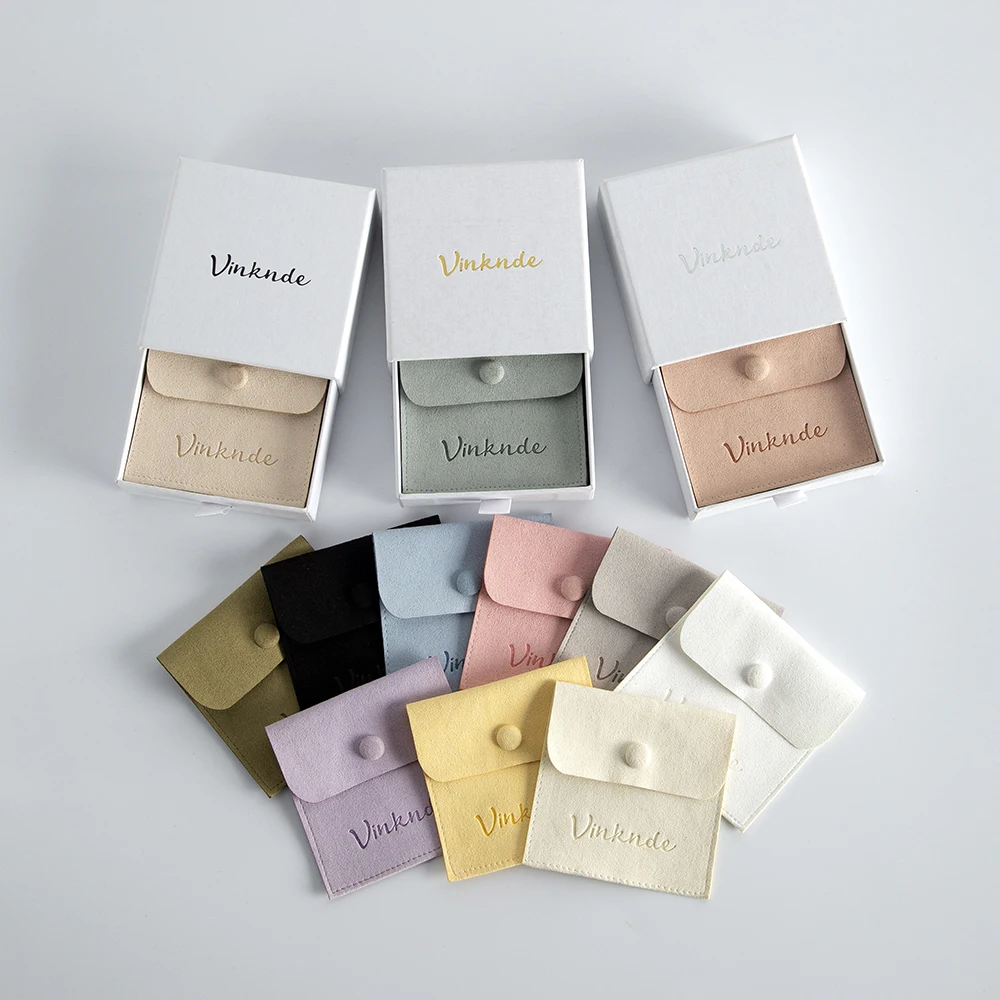 Custom Logo Microfiber Button Pouches Jewelry Packaging Drawer Slide Boxes Case Wedding Party DIY Product Package Box Bag Set