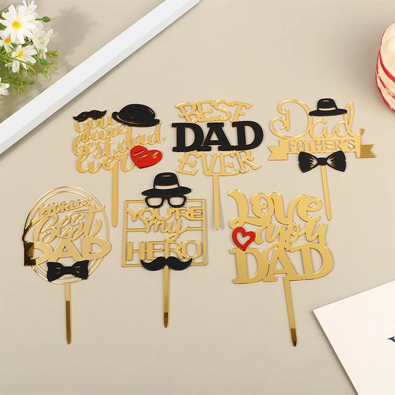 

1Pc Father's Day Party Cake Toppers Gold Black Acrylic Daddy Birthday Cake Topper for Father Birthday Party Cake Decoration