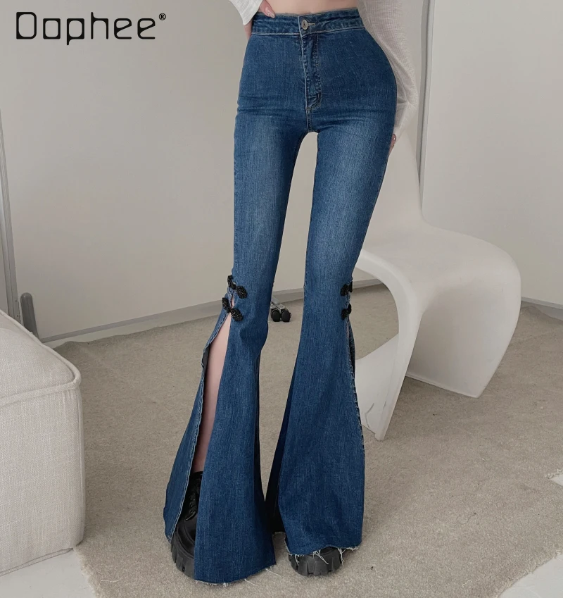 

2022 Summer New Casual Blue High Waisted Slightly Flared Long Denim Pants Women's Ins Fashion Split Bell Bottoms Jeans Trousers