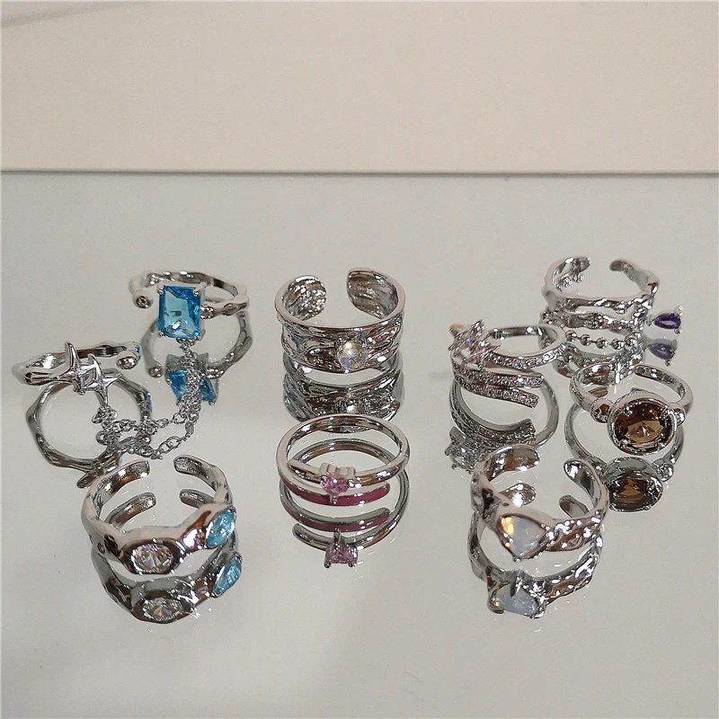 

Kpop Shiny Creative Blue Crystal Zircon Opal Irregular Geometric Cross Star Open Ring For Women Grunge Y2K Jewely Accessories