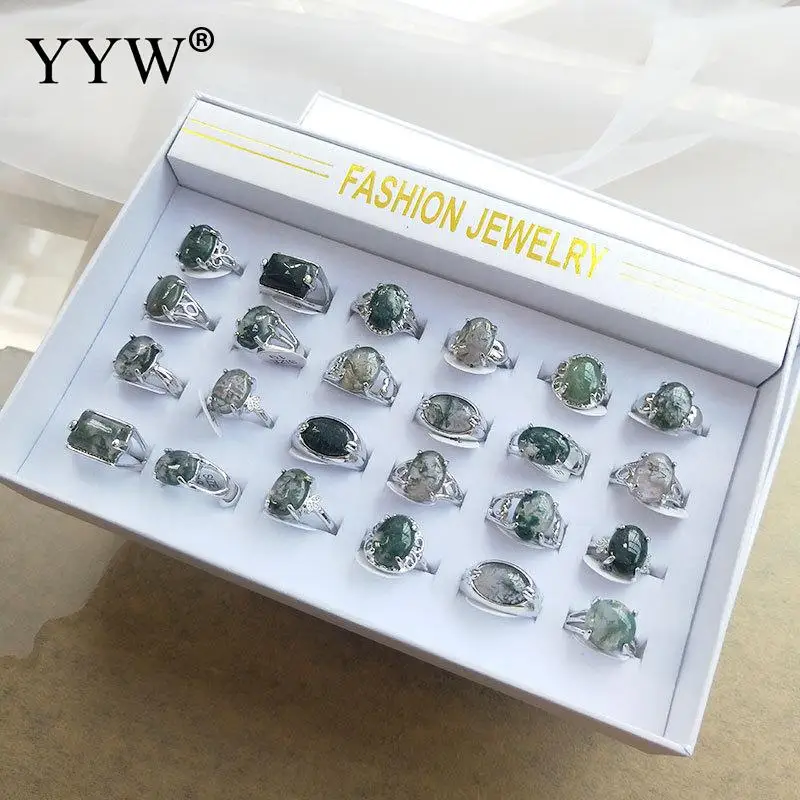 

24pcs/Box Natural Stone Ocean Water Moss Agates Rings Fashion Geometric Jewelry Finger Ring For Women Men Gifts 17/18/19/20/21mm