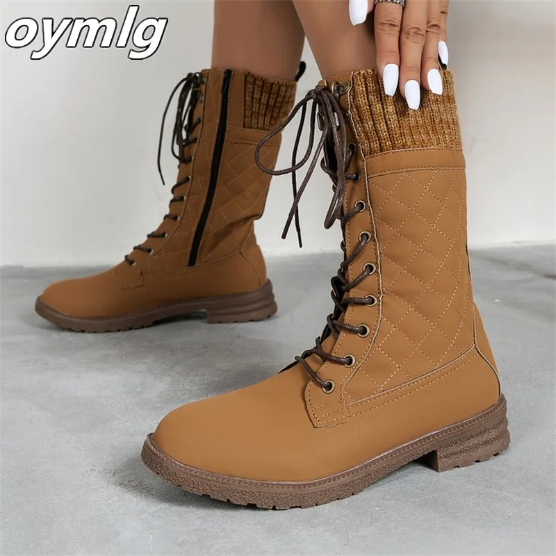 

2022 new snow boots large size autumn and winter medium tube flat heel front lace round toe boots women