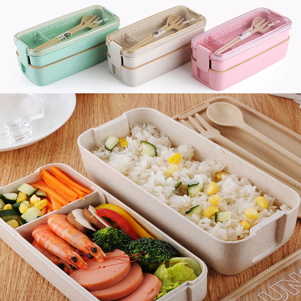 

2019 Portable Wheat Straw 2 Layer Lunch Box For Kids With Compartments Tableware Bento Box Lunch Box For Kids Microwavable XNC