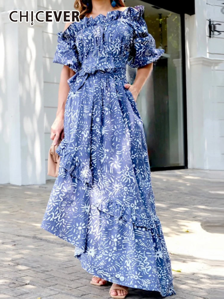 

CHICEVER Asymmetrical Hit Color Dresses For Women Slash Neck Butterfly Sleeve High Wais Spliced Lace Up Loose Maxi Dress Female