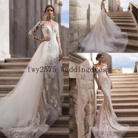 sexy lace mermaid wedding dresses new sheer mesh top long sleeves applique bridal gowns with detachable skirt vestidos de soiree
