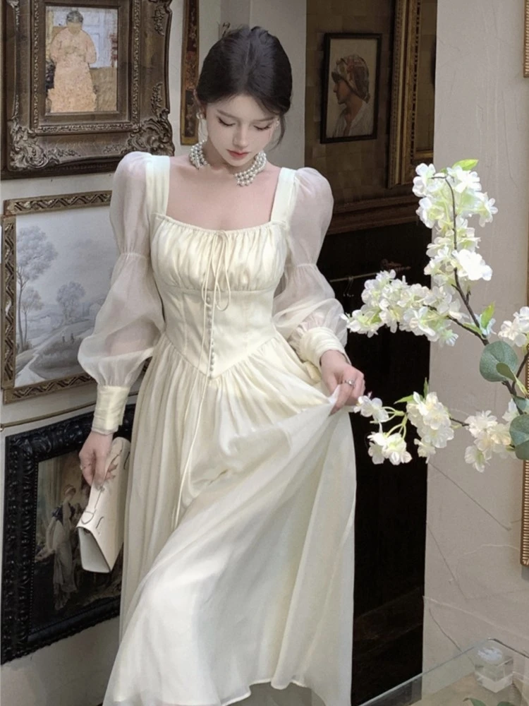 

Summer Women Square Neck Evening Party Prom Midi Dress French Elegant Lantern Sleeve Lace Up Robe Female Vestidos Mujer