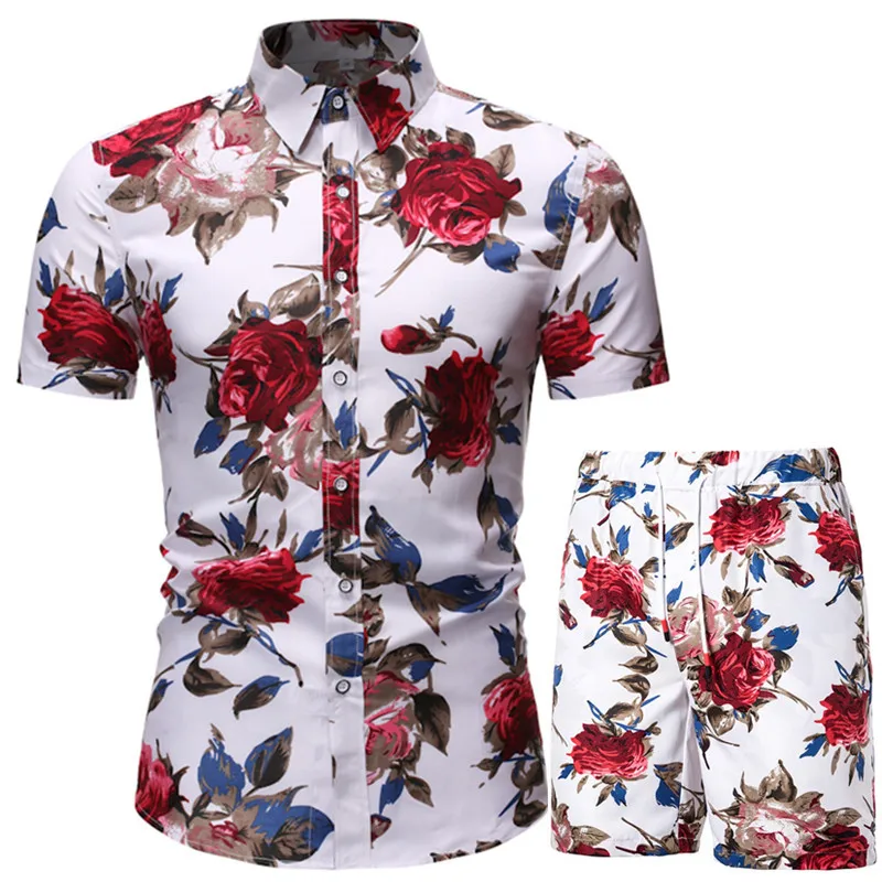 

Summer New Men Set Hawaiian Flower Printing Mens Short Sleeve Casual Tracksuit Shirt+Beach Shorts Sets Male Sports Suit Clothing