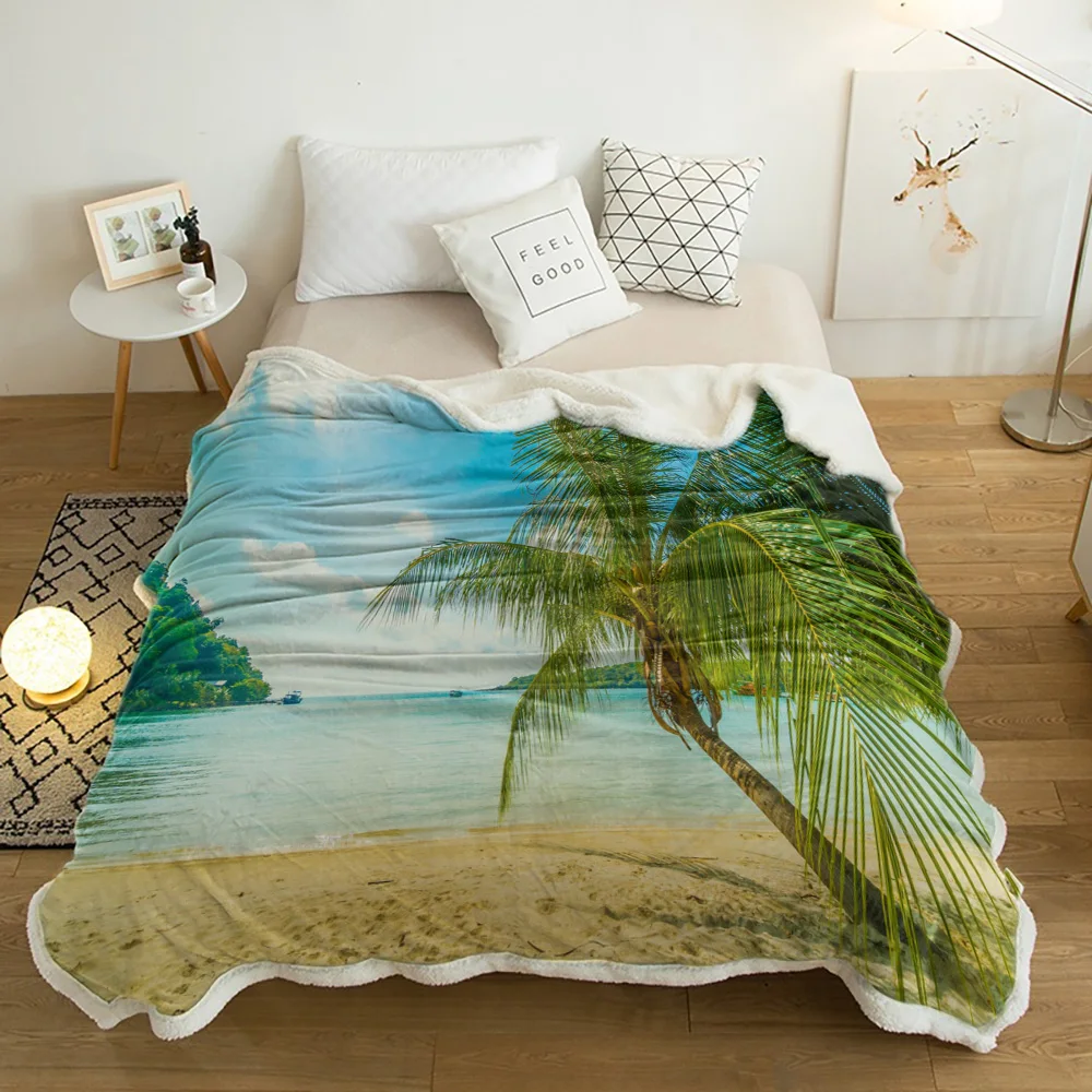 

Sandy Beach Tropical Palm Trees Plush Throw Blanket Sherpa Fleece Bedspread Blankets Sofa Cover Bedding Picnic Wool Soft Blanket