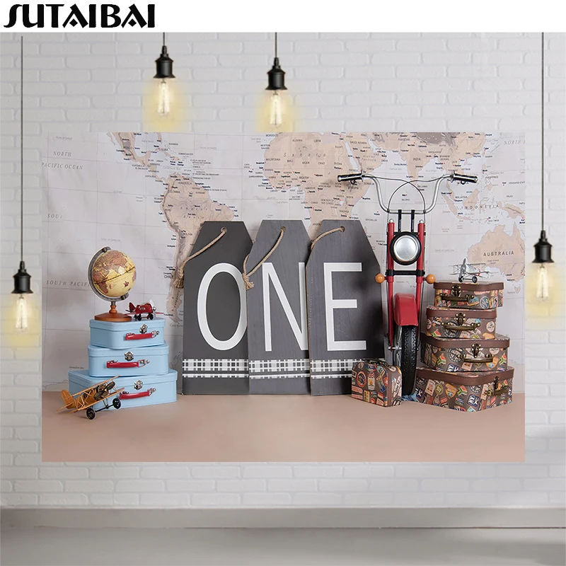 Adventure Travel Theme Backdrop Vintage World Map Flowers Decorations Baby Shower One Birthday Cake Table Banner Background