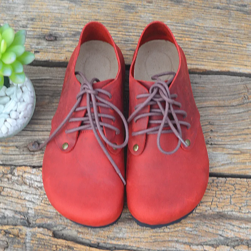 Careaymade-Genuine Leather women's single shoes cork low top shoes Crazy Horse Cowhide retro big head flat shoes big size 35-45