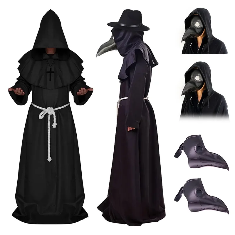 

Medieval Hooded Robe Plague Doctor Costume Mask Hat For Men Monk Cosplay Steampunk Priest Horror Wizard Cloak Cape