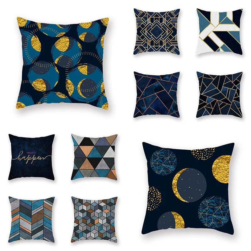 

Throw Pillows Covers Home Supplies Car Decorative Pillowslip Dark Blue Printed Pillow Case Cushion Cover Geometric 45*45cm