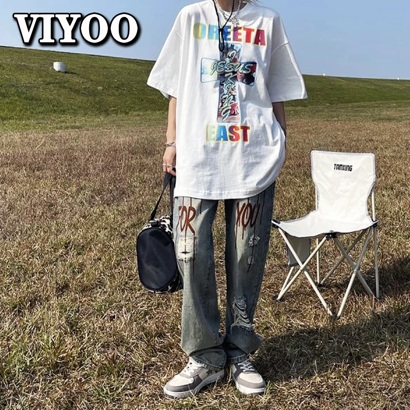 Men's Wide Leg Graffiti Baggy Y2K Ripped New Printed Long Jeans Male Straight Trousers Cowboy Denim Man Pants For Men Pantalones