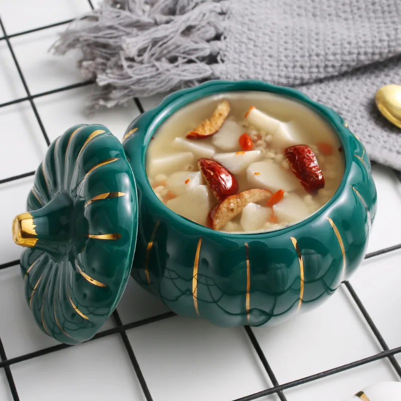

Ceramic Pumpkin Bowl with Lid Creative Soup Cup Steamed Egg Bird's Nest Small Stew Cup Kitchen Ceramic Fruit Dessert Salad Bowl