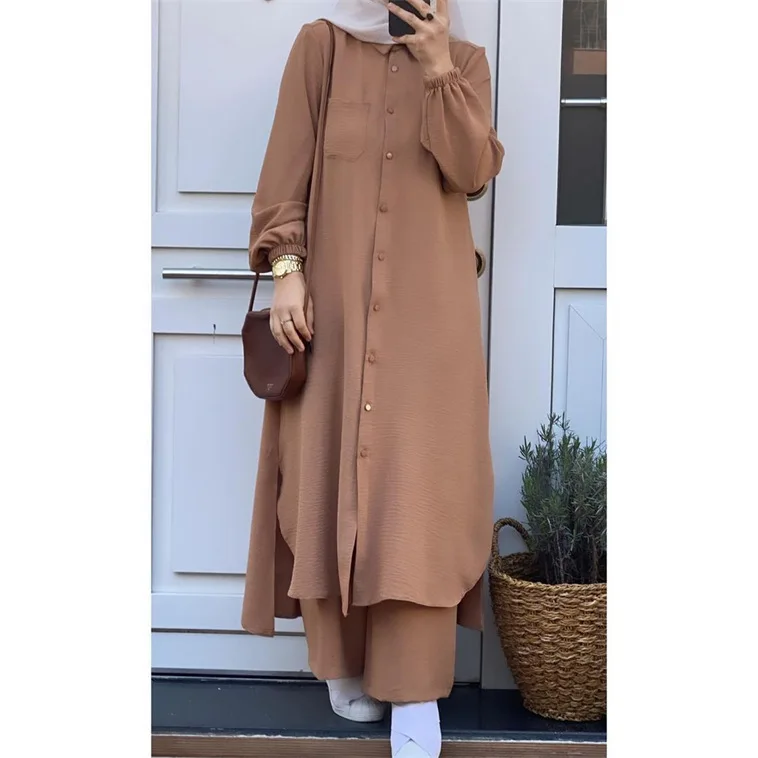 Eid Mubarak Abaya Turkey Hijab Two-piece Muslim Sets Dress Caftan Kaftans Islam Clothing 2 Piece Set Women Loose Wide Leg Pants