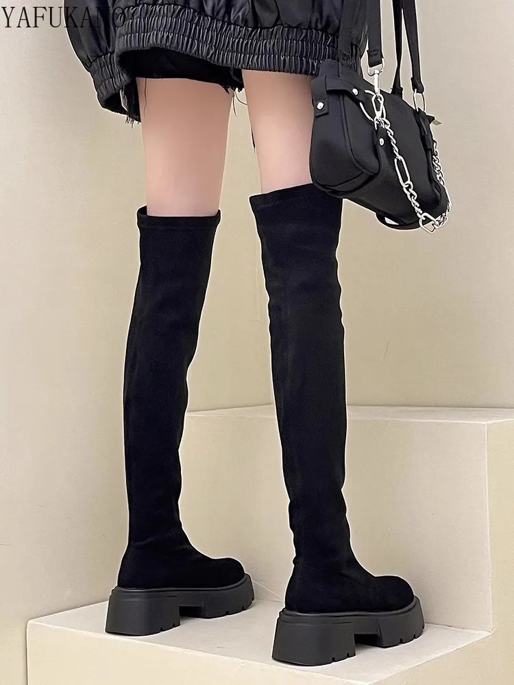 Сапоги женские замшевые на платформе повседневные эластичные сапоги выше колена