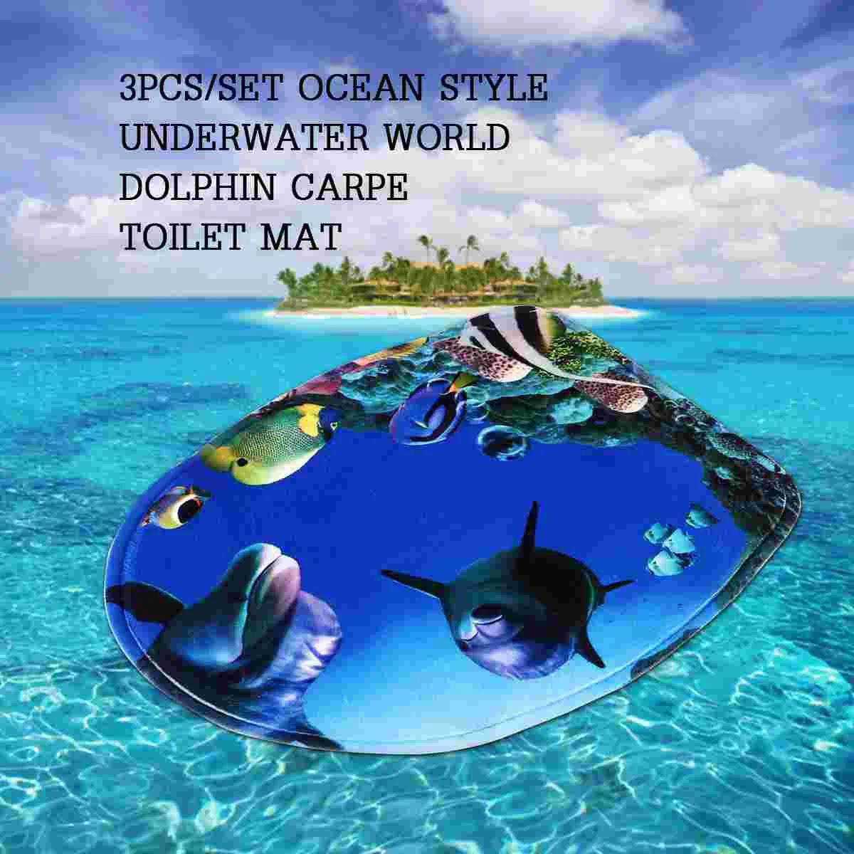 

Mat Toilet Set Dolphin Carpe Piece Underwater World Ocean Style Cover Bathroom Mats Bath Blue