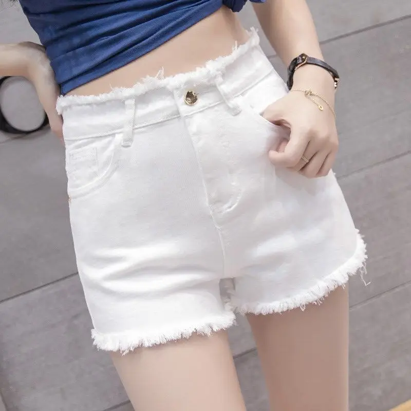 

Летние новые белые джинсовые шорты с завышенной талией, женские тонкие и плотные эластичные супер короткие брюки с дырками