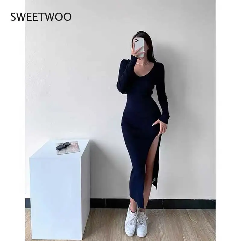 Sexy Knitted Dress Female Autumn And Winter New V-neck Long-sleeved Stretch Tight-fitting Hip Dress With Slits Ins Fashion