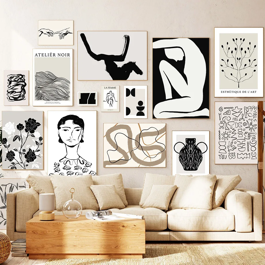 Настенная картина на холсте Черно-белая Минималистичная девушка богемный цветок гостиная Декор плакаты и принты