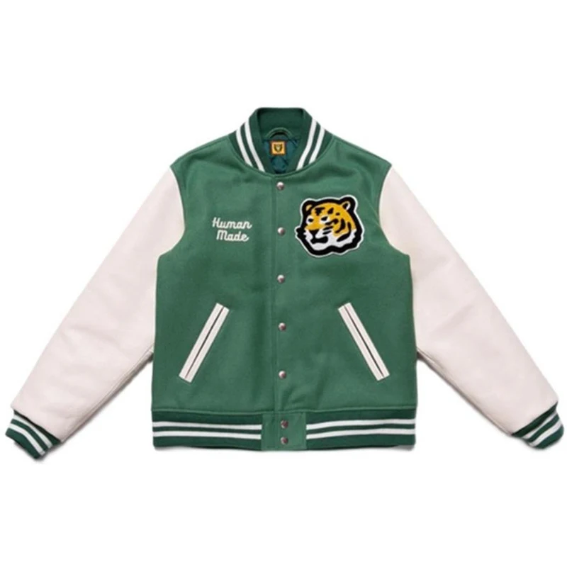 

Japanese Retro Stand Letter Embroidery Pu Leather Sleeve Human Made Wool Jackets Men and Women Patchwork Casual Winter Coat