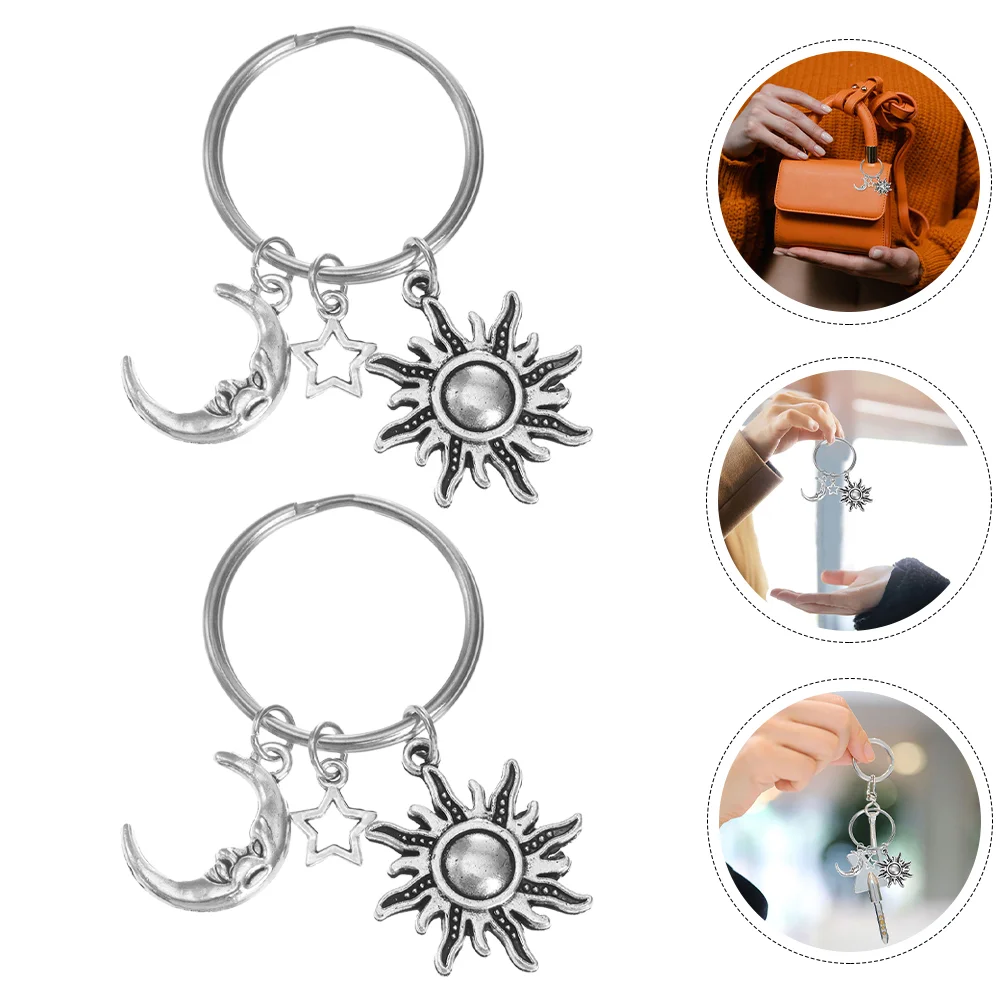 

2Pcs Sun Moon Star Elements Keychains Key Ring Key Hanging Ornaments Silver