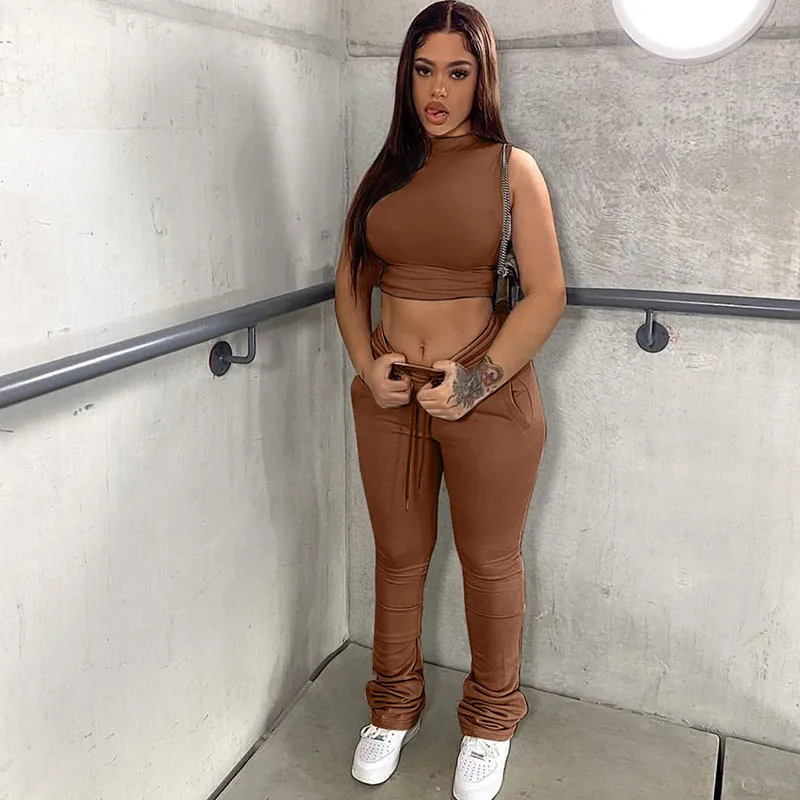 

Solid Casual Womens Two Piece Sets Sweatsuits Tracksuit for Women Outfits Sleeveless Crop Top and Stacked Pants Sport Suit 2022