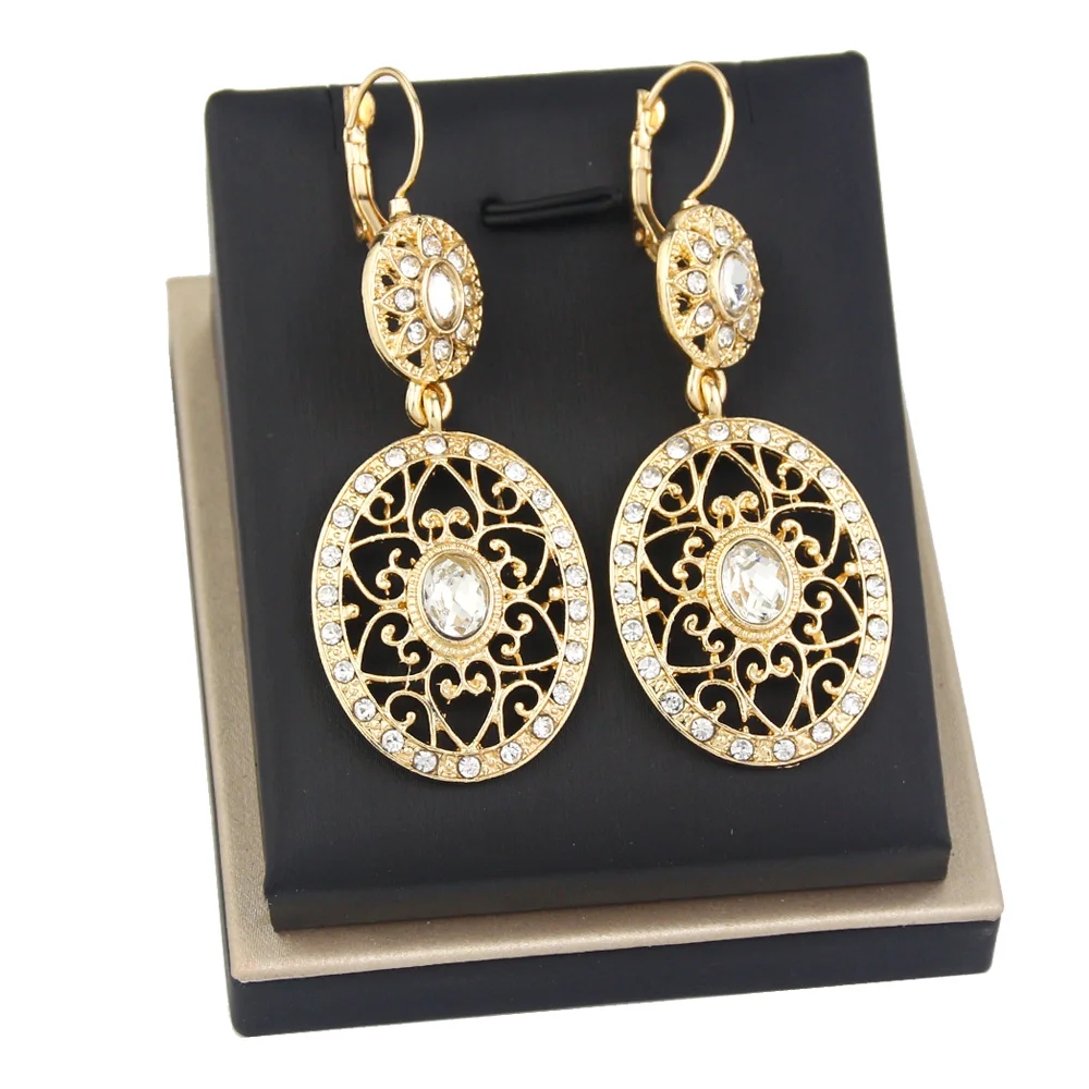 

Sunspicems Gold Color Morocco Women Earring Traditional Arabesque Oval Crystal Dangle Earring Algeria Bride Wedding Jewelry Gift