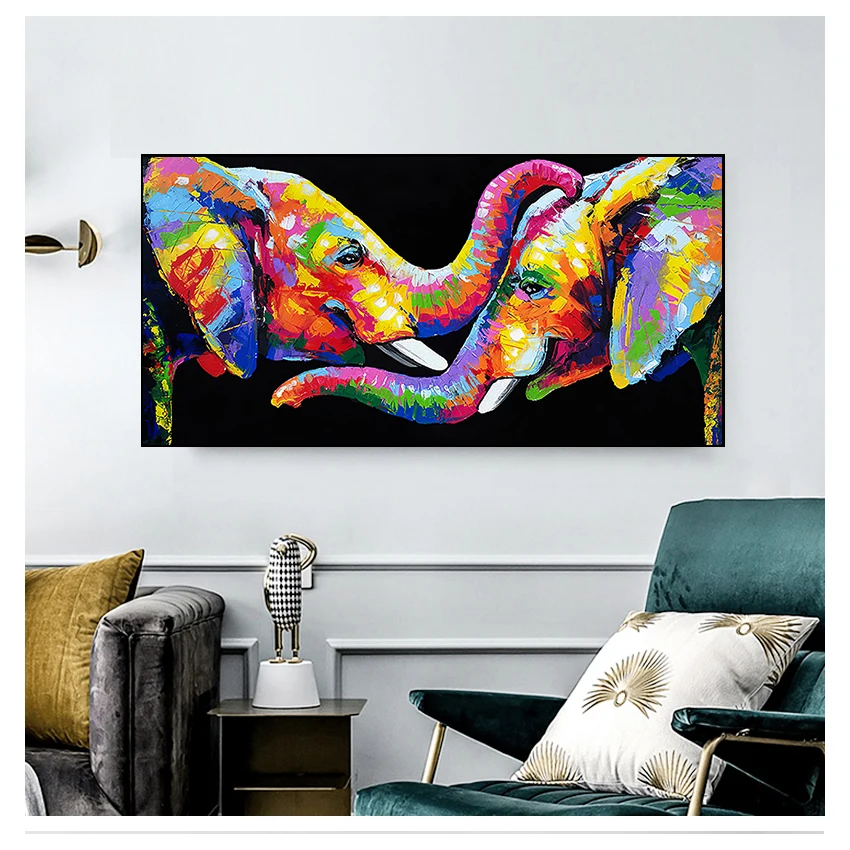 

Canvas Paintings Wall Art Posters and Prints Couple Elephants Pictures for Living Room Decor Abstract Animals Colorful Elephant