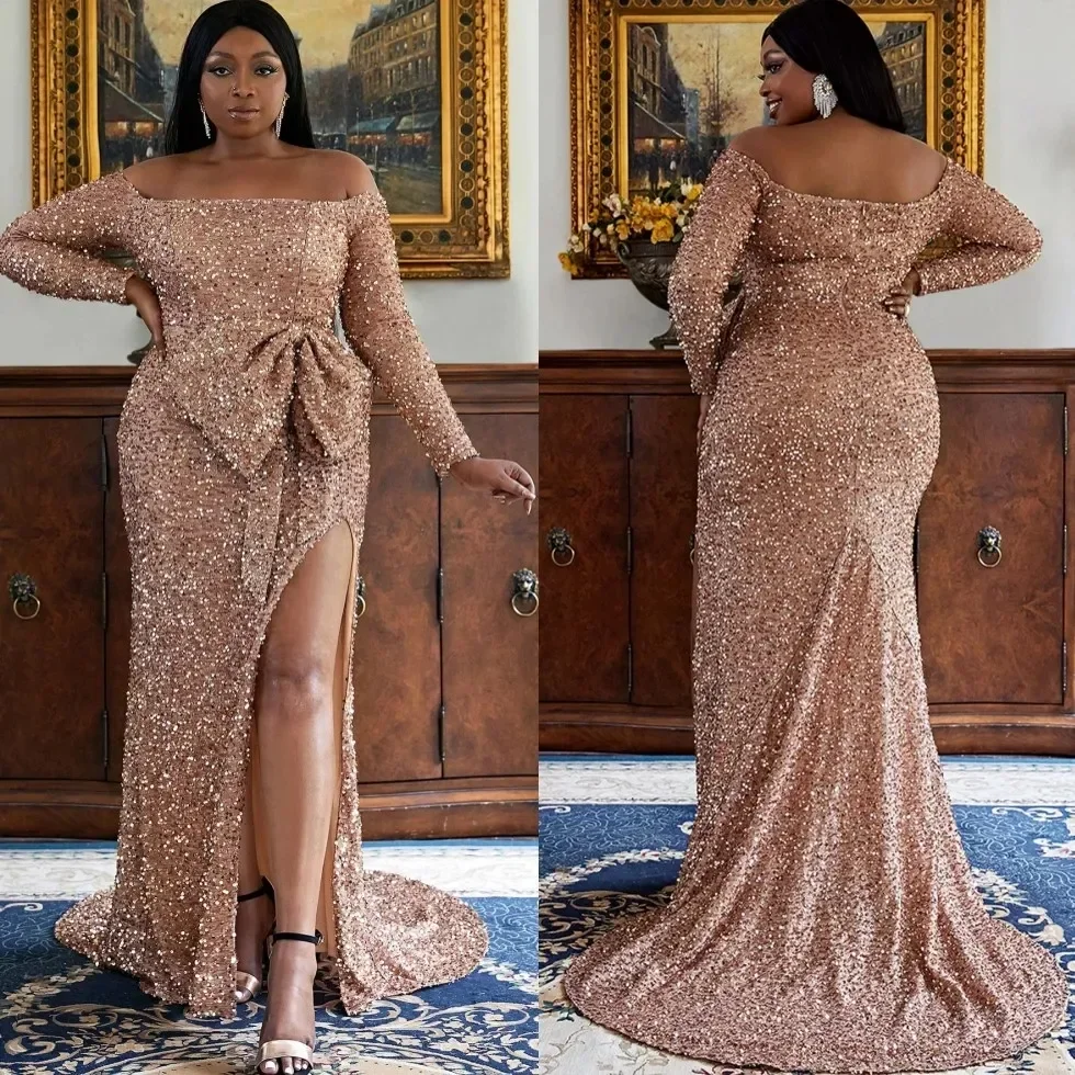 

Sexy Custom Evening Dresses Trumpet Off-Shoulder Long Sleeve Floor-Length Sweep Train Crystal Sequined Thigh-High Slits