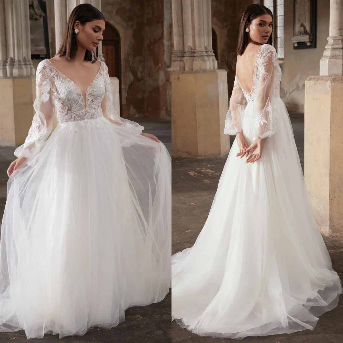 

ТРАПЕЦИЕВИДНОЕ свадебное платье с открытой спиной и V-образным вырезом, белое элегантное Сетчатое платье невесты, кружевное свадебное платье принцессы с длинными рукавами