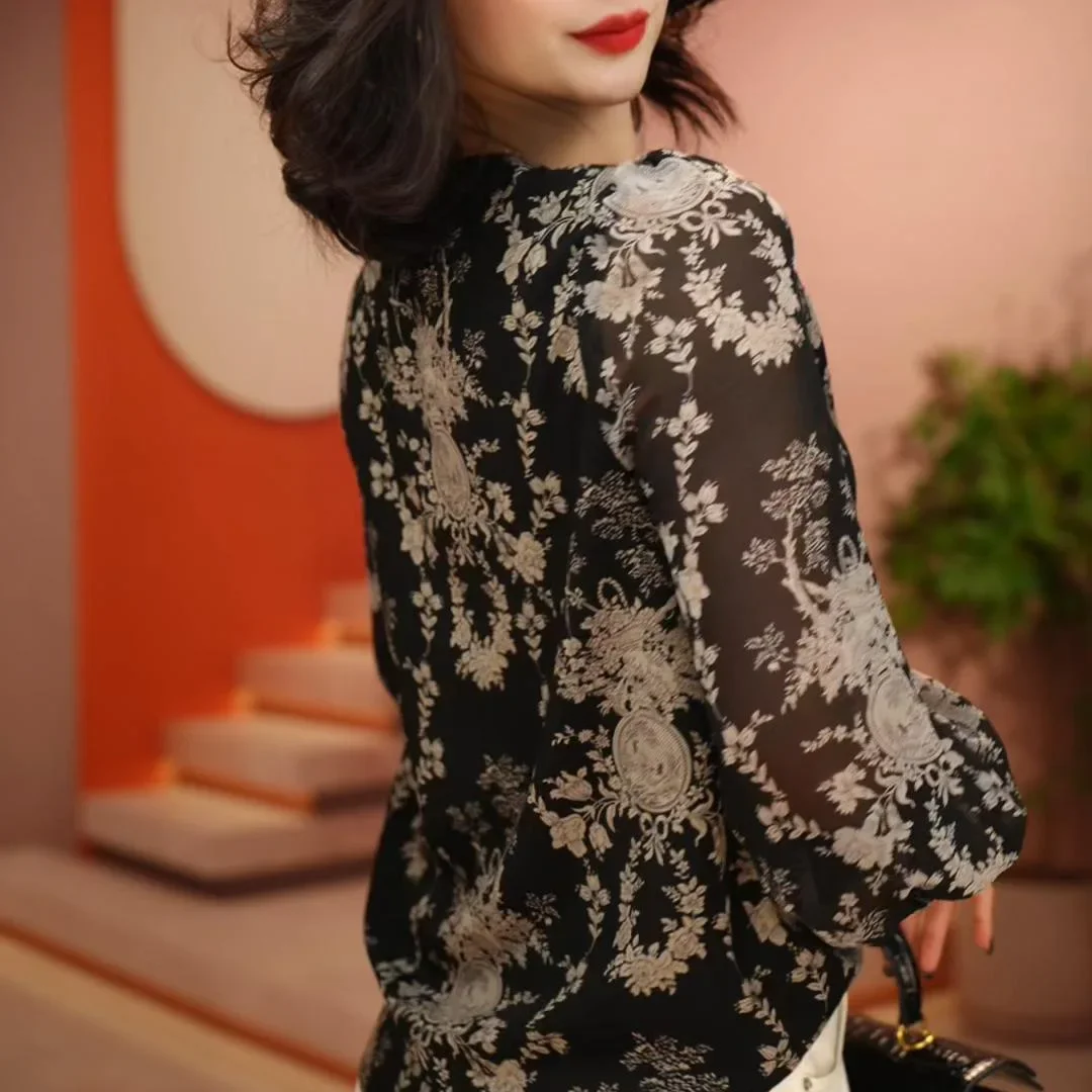 Лето 2023 модная утягивающая элегантная шифоновая женская блузка с принтом легкий