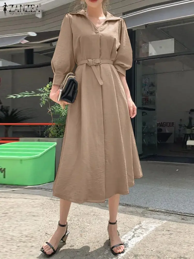 

Elegant Women V Neck Long Sleeve OL Work Dress ZANZEA Fashion Autumn Solid Mid-calf Sundress Casual Belted Kaftan Vestido Robe