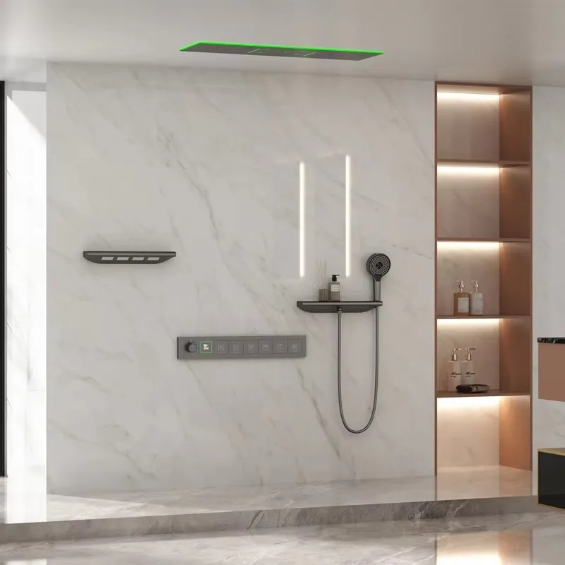 Фото Душевая система 2026 Tik Tok Ceiling 36*12 дюймов с эффектом дождя и водопада, светодиодная, с музыкальной системой, термостатический смеситель для ванной комнаты №5